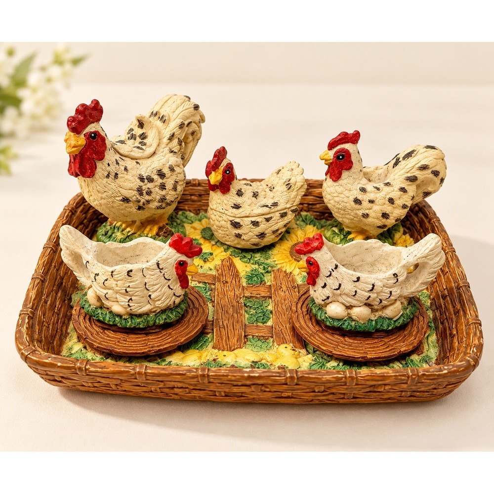 Vintage Miniature Chicken Rooster Hen and Chicks Set Sunflower Trinket Teacup